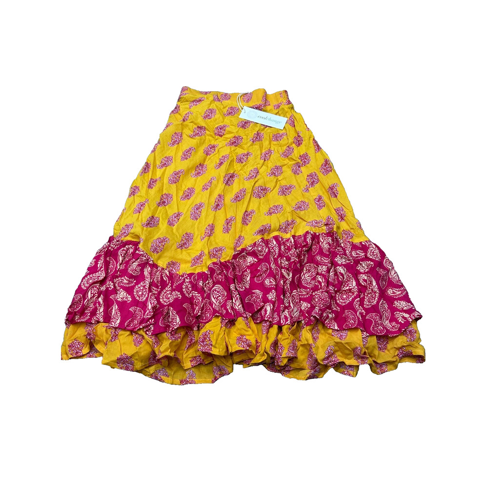 Cool Change Womens Yellow Red Paisley Elastic Waist Ruffle Hem Midi Skirt Size S